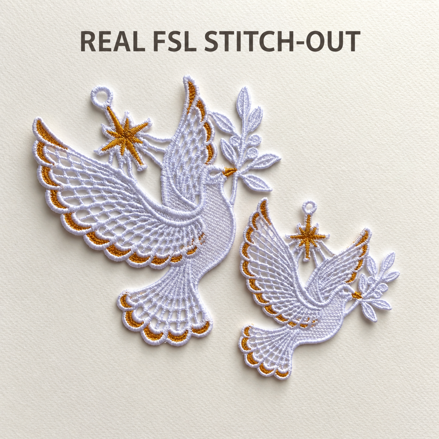 Two finished freestanding lace doves in different sizes on a cream background, with gold stars, open wings and olive branches.