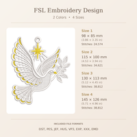Dove with star FSL embroidery information showing two thread colors, four sizes, stitch counts and eight embroidery file formats.
