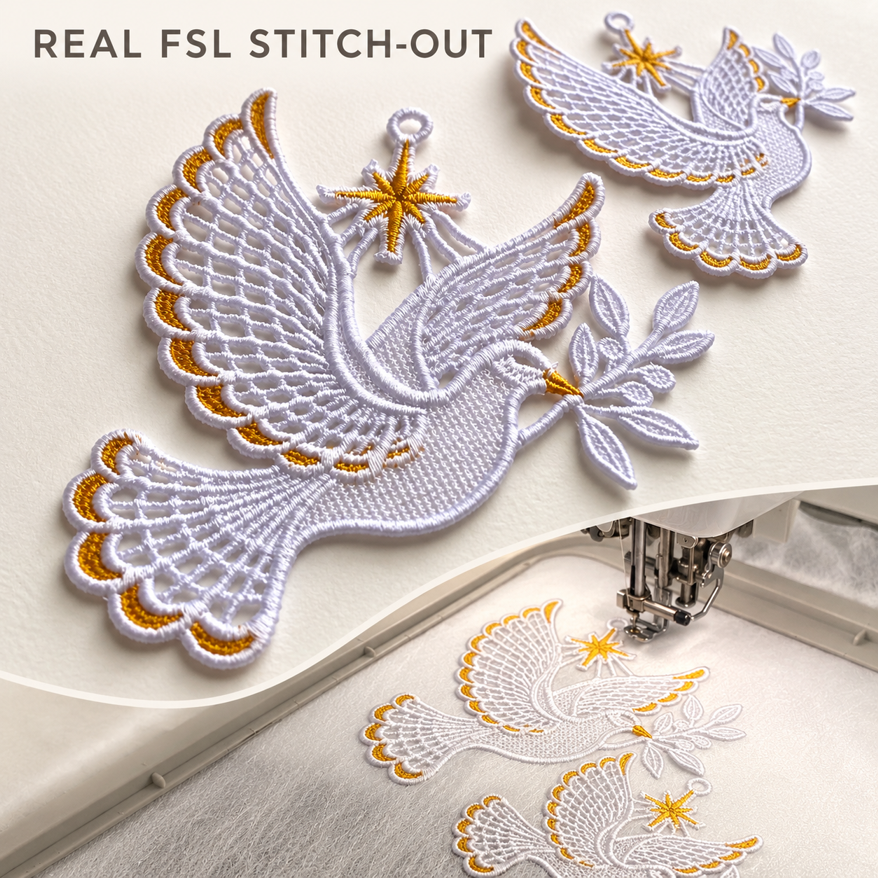 Real stitch-out photos showing finished lace dove details and the design being embroidered on water-soluble stabilizer.