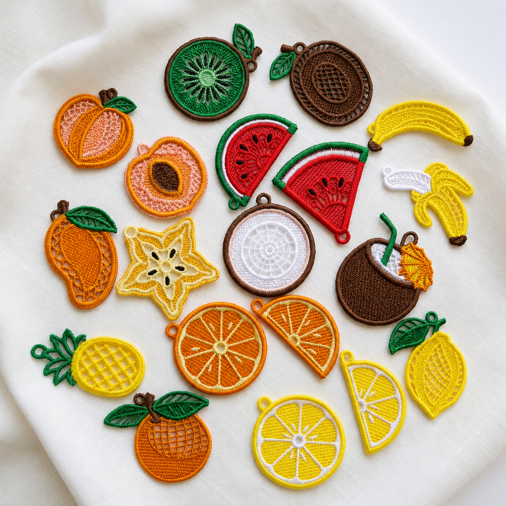 Exotic Fruit FSL embroidery bundle, 10 fruit lace earring designs
