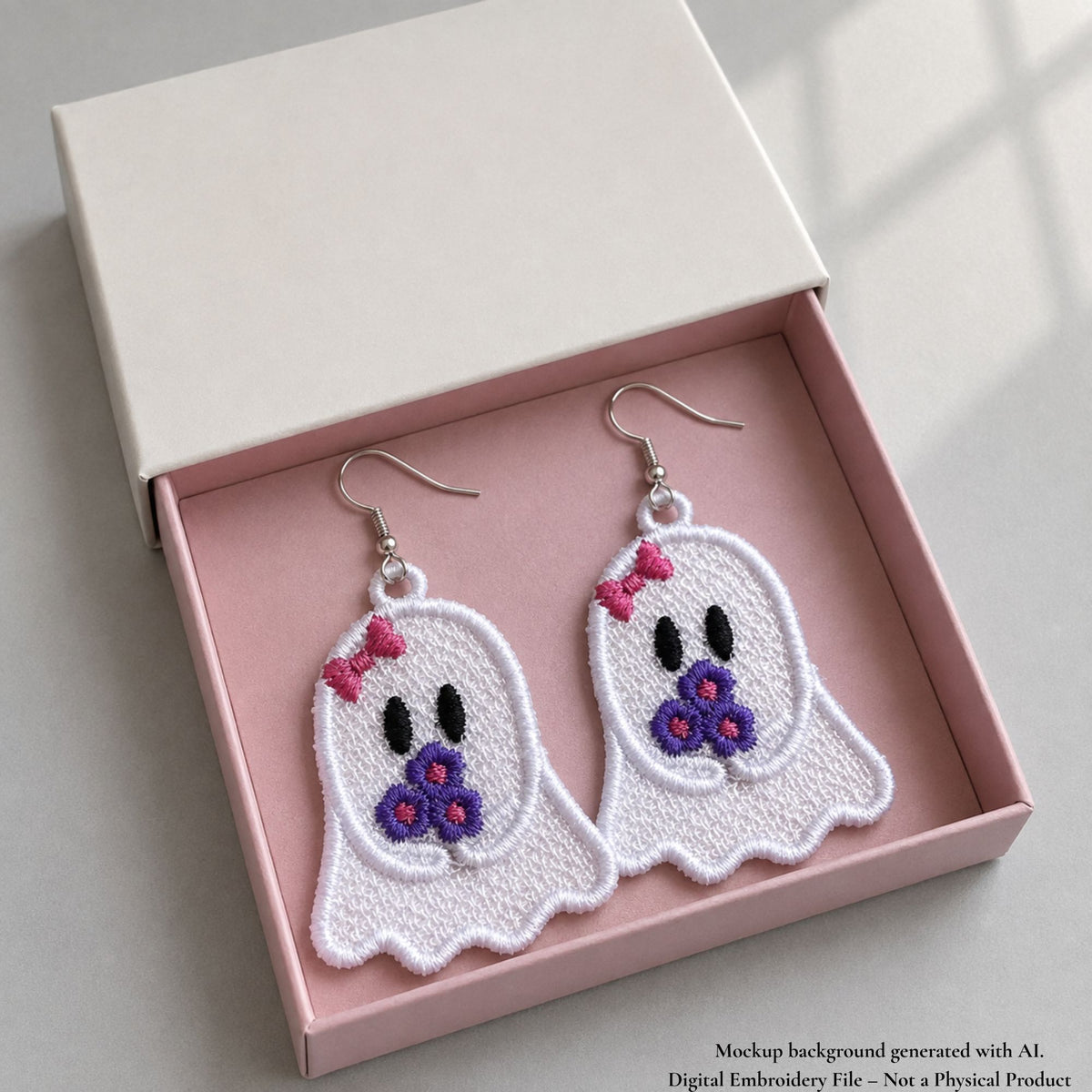 Floral ghost FSL earrings with pink bows and purple flowers displayed inside a pink jewelry gift box
