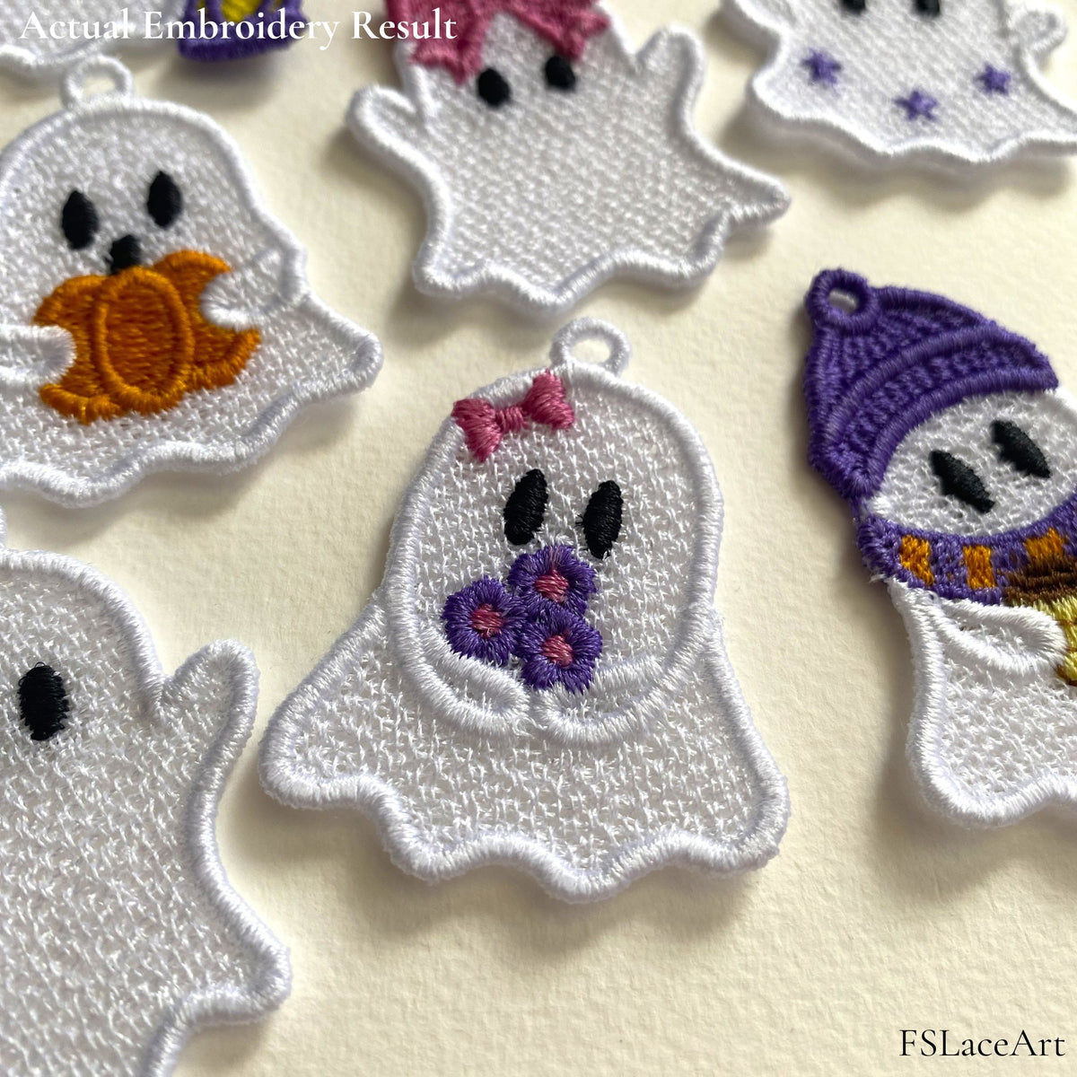 Actual floral Ghost Girl FSL embroidery with a pink bow and three purple flowers among other Halloween ghost designs