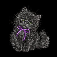 Black kitten embroidery preview on a dark background, showing gray fur highlights, green eyes and a purple bow.