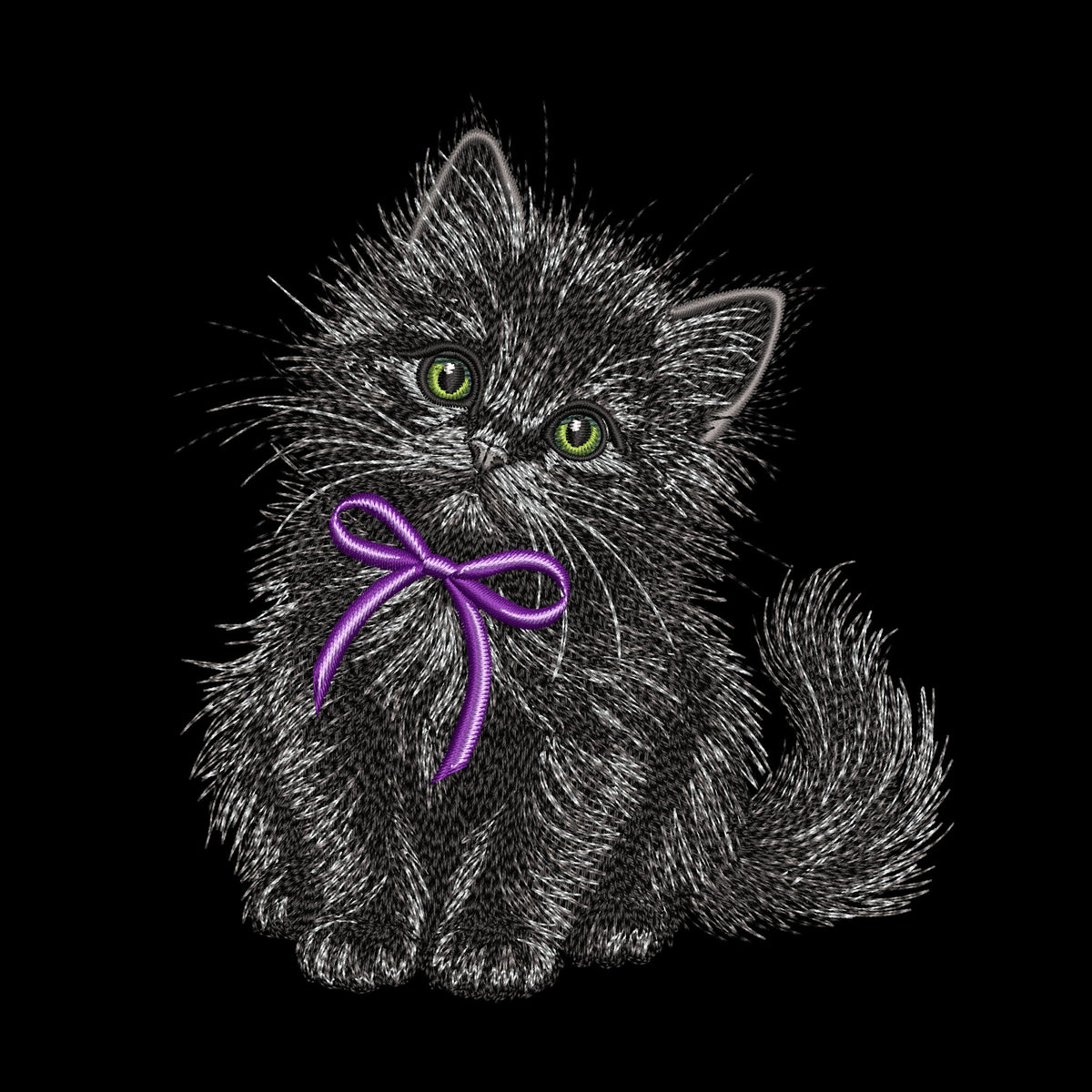 Black kitten embroidery preview on a dark background, showing gray fur highlights, green eyes and a purple bow.