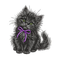 Fluffy black kitten embroidery preview with green eyes, a purple bow and a curved tail on a white background.