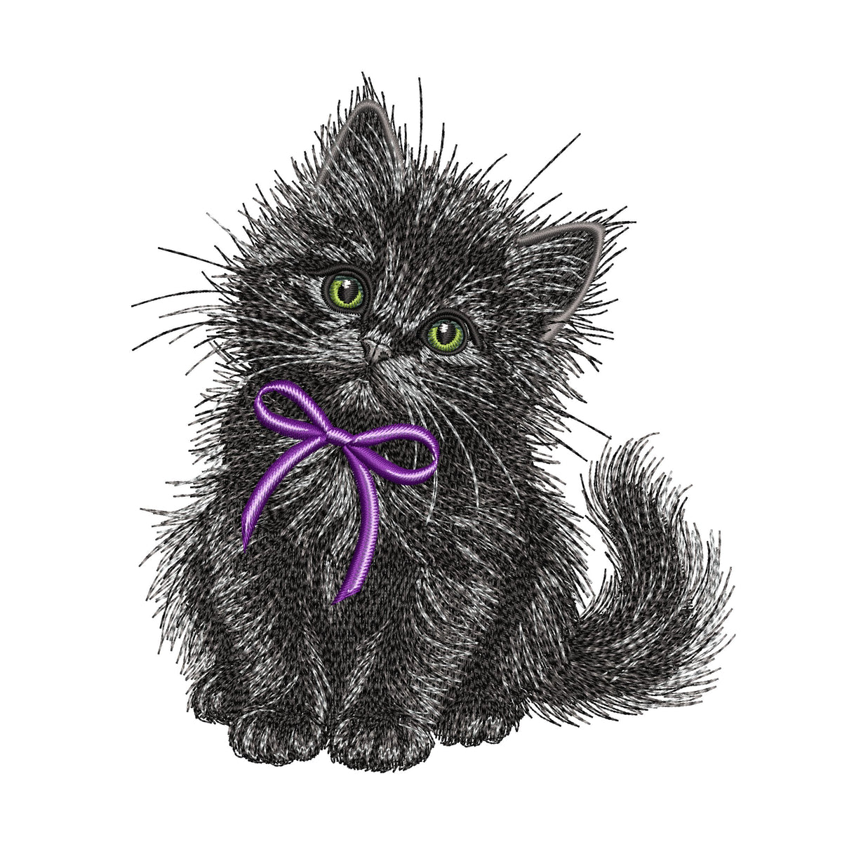 Fluffy black kitten embroidery preview with green eyes, a purple bow and a curved tail on a white background.