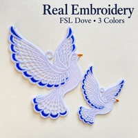 Two finished lace doves in different sizes on a cream background, with white openwork wings, blue accents and golden beaks.