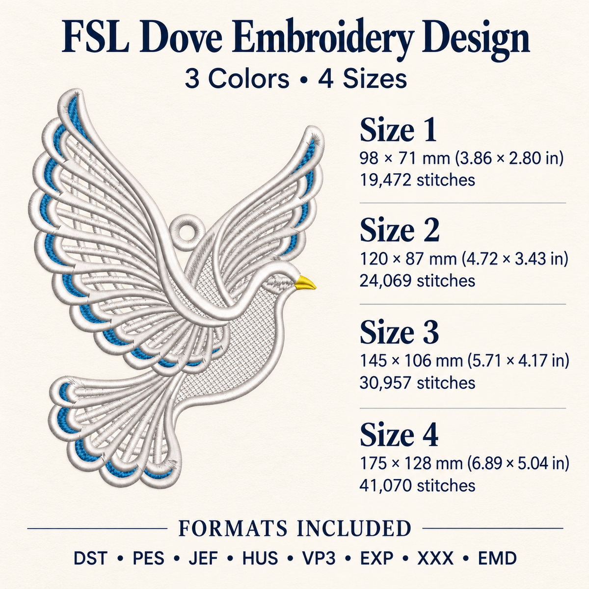 Flying dove FSL embroidery information showing three thread colors, four sizes, stitch counts and eight embroidery file formats.