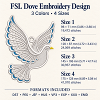 Flying dove FSL embroidery information showing three thread colors, four sizes, stitch counts and eight embroidery file formats.