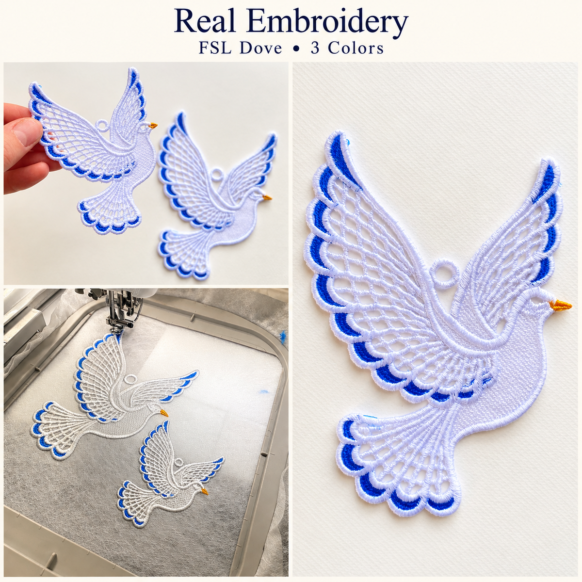 Real embroidery photos showing a handheld lace dove, finished feather details and two doves being stitched on water-soluble stabilizer.