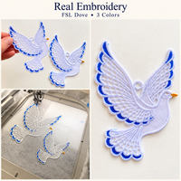 Real embroidery photos showing a handheld lace dove, finished feather details and two doves being stitched on water-soluble stabilizer.