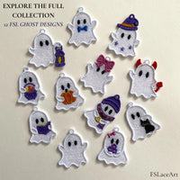 Collection of 12 cute FSL ghost embroidery designs with Halloween accessories and hanging loops