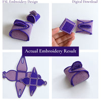 Collage of actual purple and lavender FSL gift boxes showing folded, assembled and unfolded embroidery results