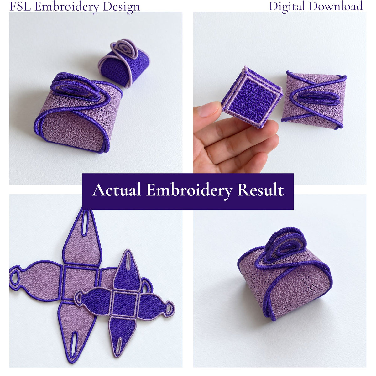 Collage of actual purple and lavender FSL gift boxes showing folded, assembled and unfolded embroidery results