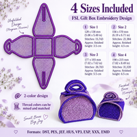 FSL gift box size chart with four sizes, stitch counts, two-color information, unfolded design preview and embroidery file formats