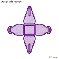 Machine embroidery file preview of an unfolded two-color FSL gift box with connected panels and integrated handle openings