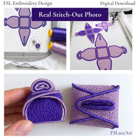 Real stitch-out collage showing purple FSL gift box designs embroidered on water-soluble stabilizer and assembled lace boxes