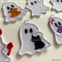 Actual Ghost with Black Cat FSL embroidery displayed among other finished Halloween ghost designs