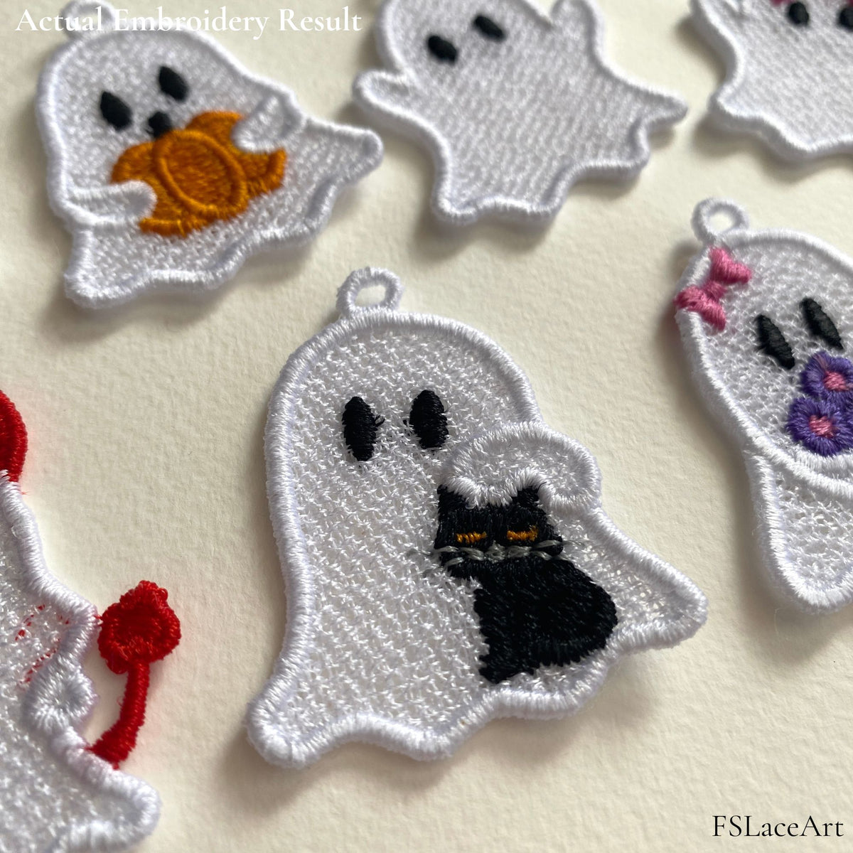 Actual Ghost with Black Cat FSL embroidery displayed among other finished Halloween ghost designs