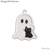 Machine embroidery file preview of a white ghost cuddling a seated black cat with yellow eyes