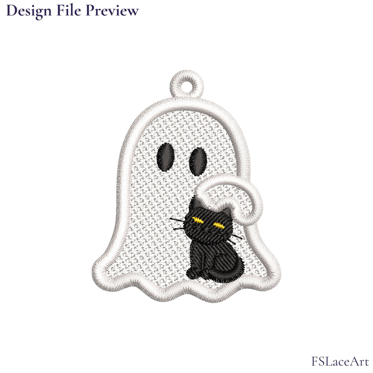 Machine embroidery file preview of a white ghost cuddling a seated black cat with yellow eyes