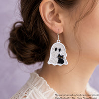 White ghost FSL earring holding a black cat with yellow eyes, displayed on a silver earring hook