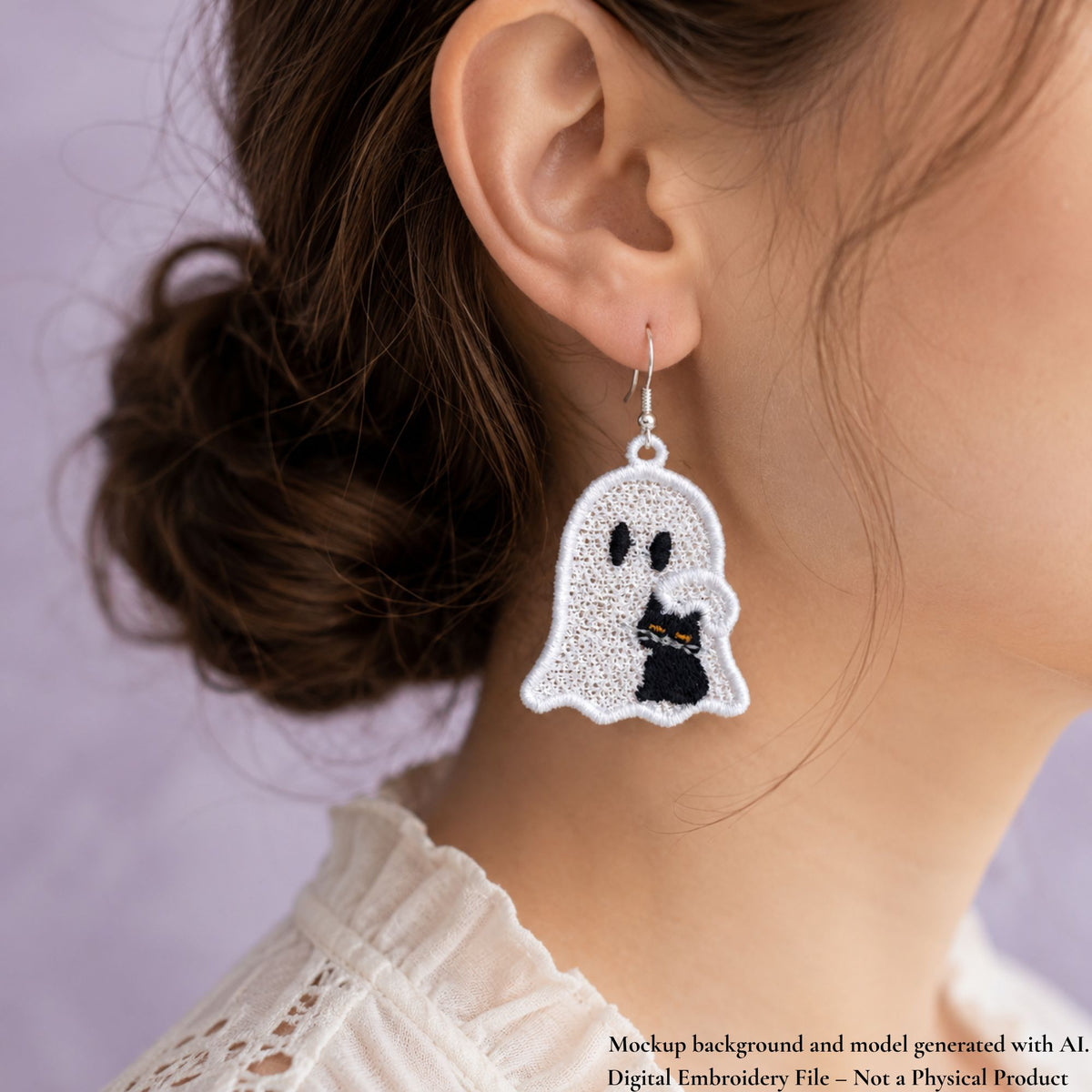 White ghost FSL earring holding a black cat with yellow eyes, displayed on a silver earring hook