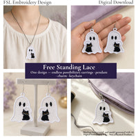 Ghost with Black Cat FSL design shown as a necklace pendant, earrings and zipper charm