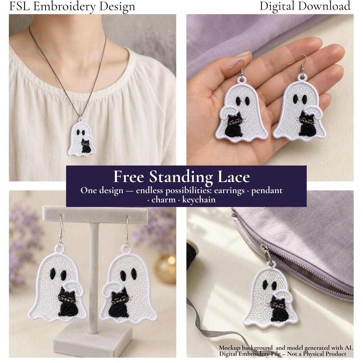 Ghost with Black Cat FSL design shown as a necklace pendant, earrings and zipper charm