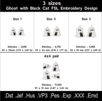 Ghost with Black Cat FSL embroidery size chart with three sizes, mirrored designs and a grouped 4 by 4 hoop file