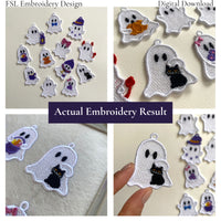 Collage showing the actual Ghost with Black Cat FSL stitch-out, close-up embroidery details and finished design held in hand