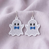 Pair of white Ghost Boy FSL earrings with blue bow ties, black oval eyes and silver hooks on lavender fabric