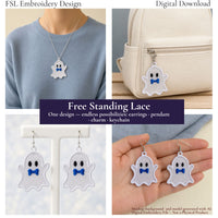 Ghost Boy with Bow Tie FSL design shown as a necklace pendant, backpack charm and pair of earrings