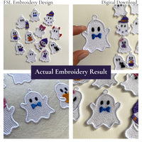 Collage showing actual Ghost Boy with Bow Tie FSL embroidery results and coordinating ghost designs