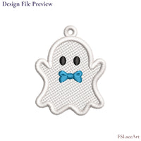 Machine embroidery file preview of a white Ghost Boy FSL design with a blue bow tie, black oval eyes and hanging loop