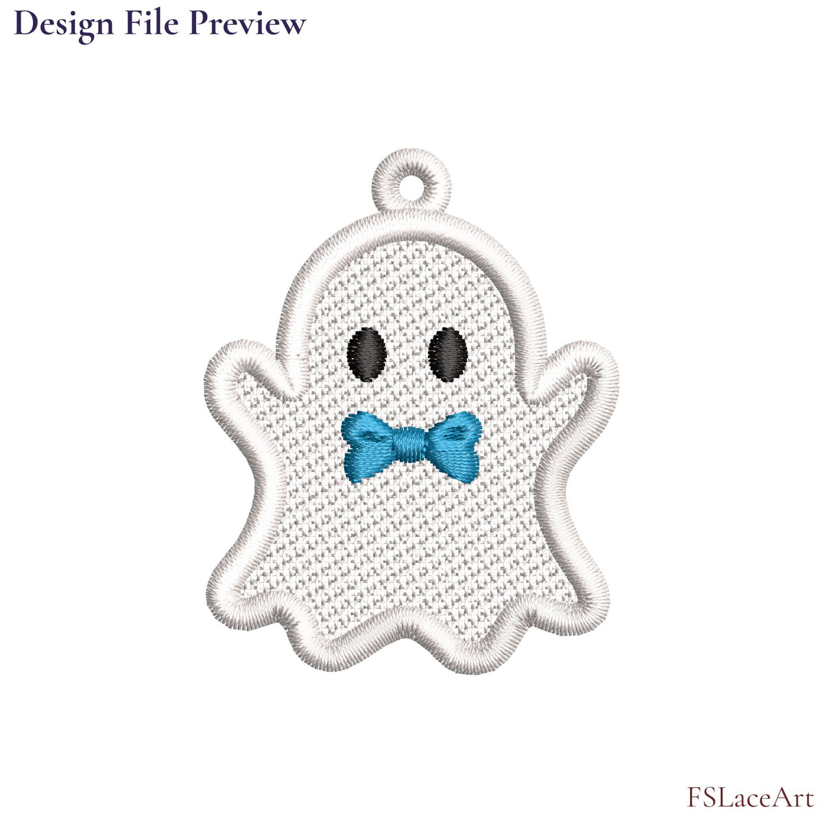 Machine embroidery file preview of a white Ghost Boy FSL design with a blue bow tie, black oval eyes and hanging loop