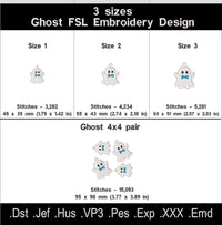 Ghost Boy with Bow Tie FSL size chart showing three sizes, stitch counts, a 4 by 4 hoop pair and embroidery file formats