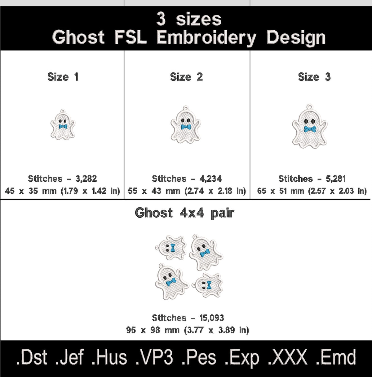 Ghost Boy with Bow Tie FSL size chart showing three sizes, stitch counts, a 4 by 4 hoop pair and embroidery file formats