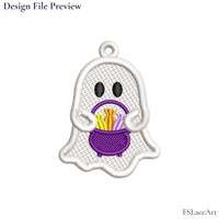 Digital embroidery preview of a white ghost holding a purple basket with yellow, orange and lilac candy, with a hanging loop at the top.