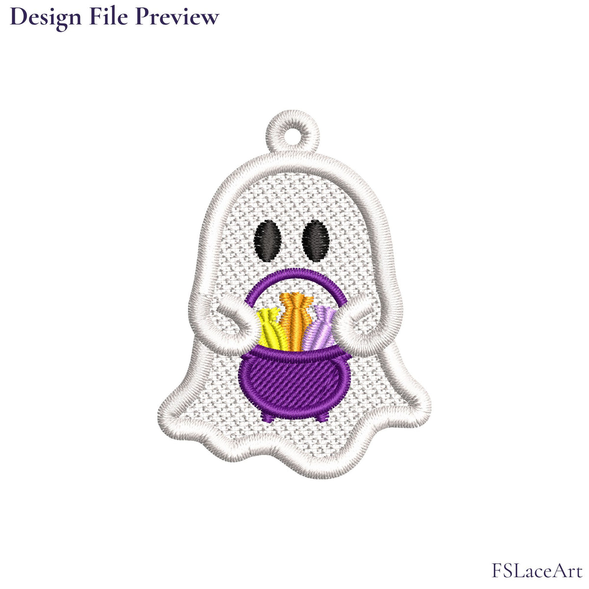 Digital embroidery preview of a white ghost holding a purple basket with yellow, orange and lilac candy, with a hanging loop at the top.