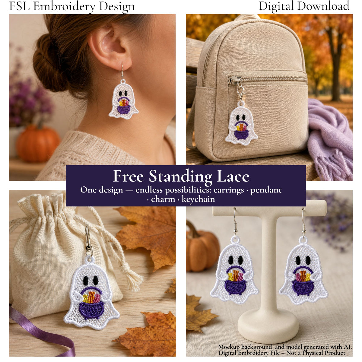 Candy basket ghost FSL accessory ideas showing earrings, a backpack zipper charm and a charm clipped to a drawstring pouch.