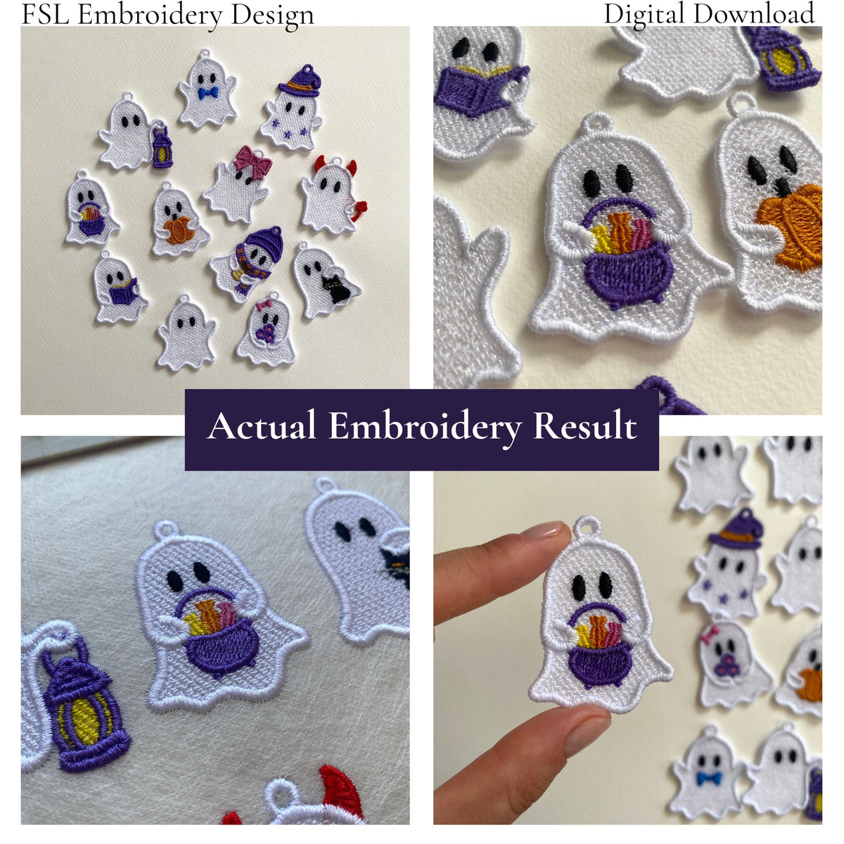 Actual stitch-out photos of the candy basket ghost FSL design, including a handheld view and close-ups alongside other ghosts.