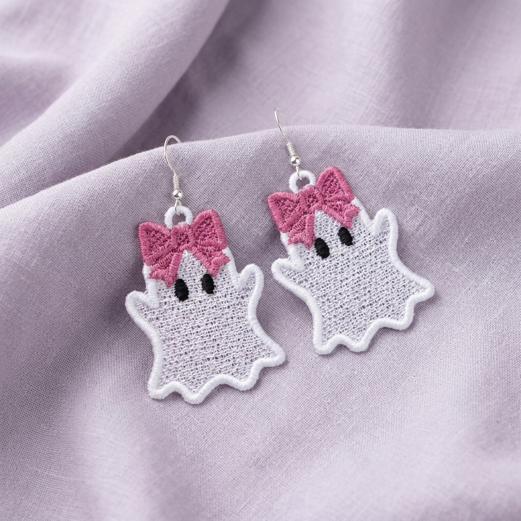 Pair of white Ghost Girl FSL earrings with large pink bows, black eyes and silver hooks on lavender fabric