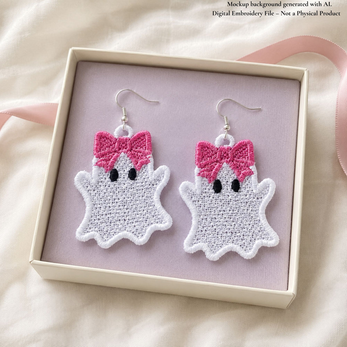 Pair of white ghost girl FSL earrings with pink bows and silver hooks displayed in a lavender jewelry box