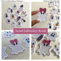 Collage showing actual Ghost Girl with Bow FSL embroidery results with coordinating Halloween ghost designs