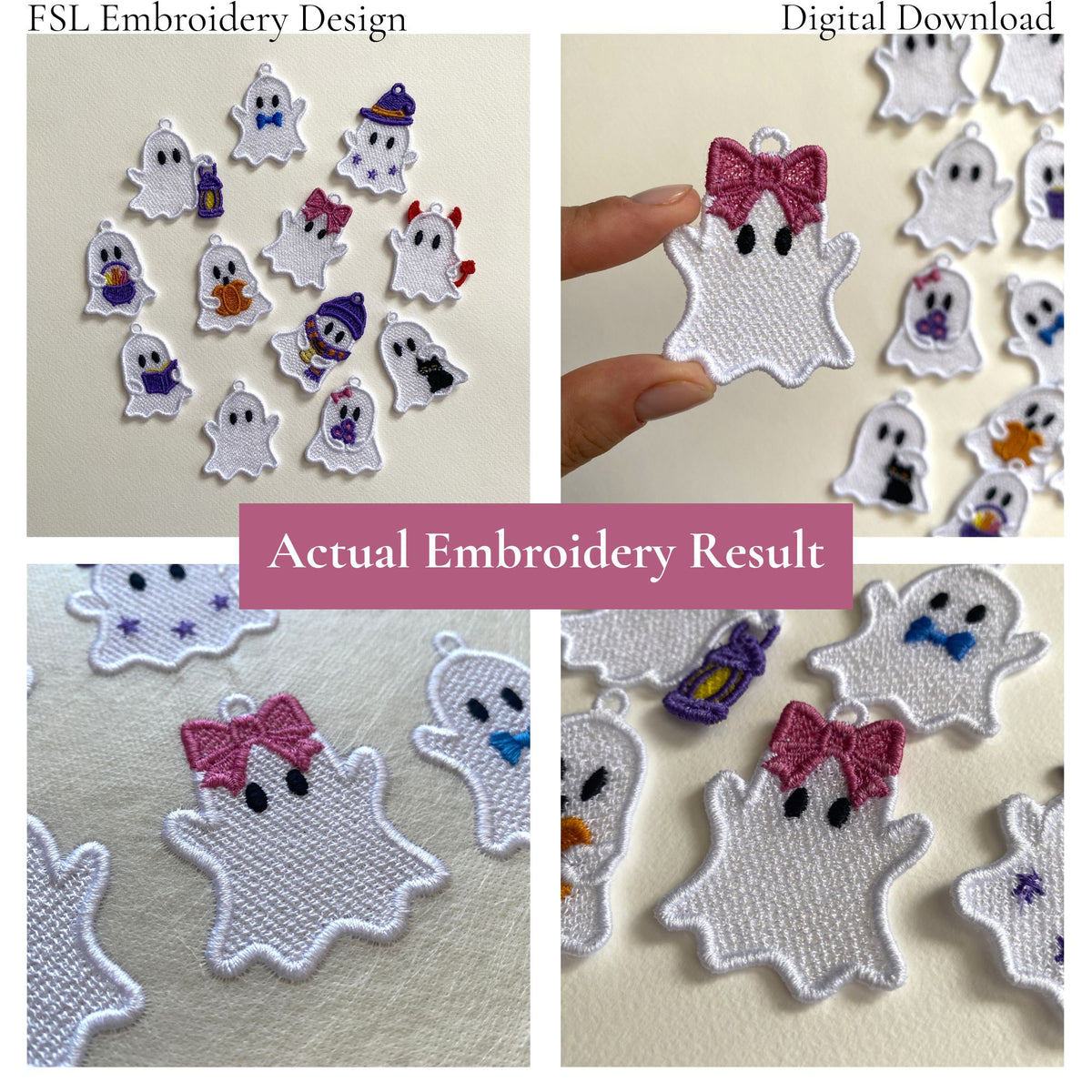 Collage showing actual Ghost Girl with Bow FSL embroidery results with coordinating Halloween ghost designs