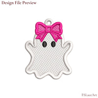 Machine embroidery file preview of a white Ghost Girl FSL design with an oversized pink bow, black oval eyes and hanging loop