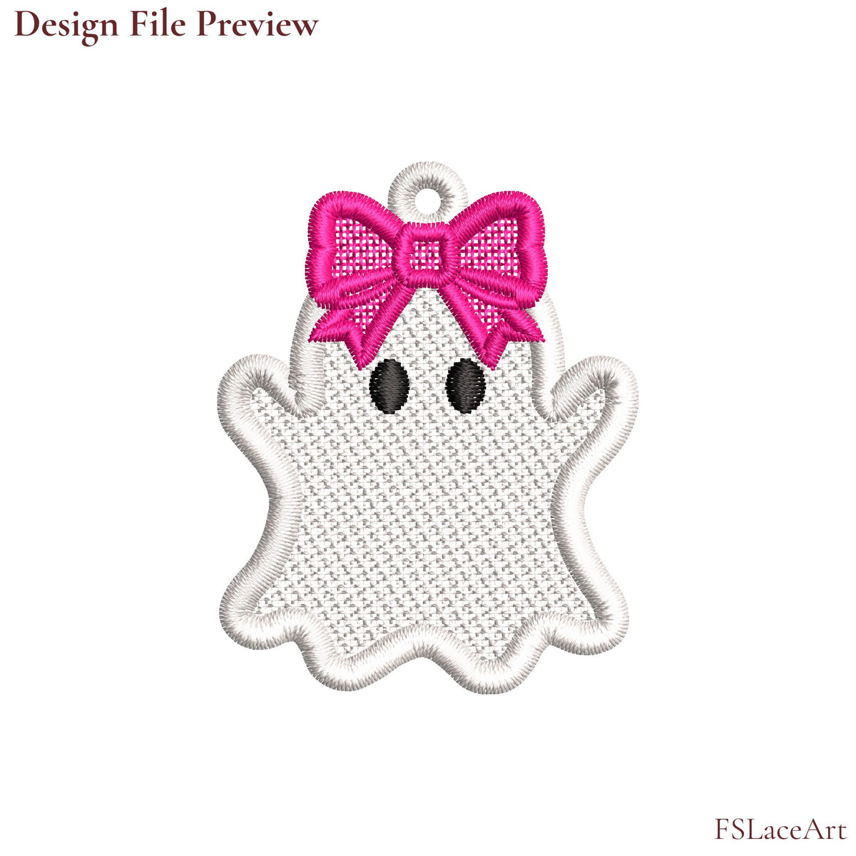 Machine embroidery file preview of a white Ghost Girl FSL design with an oversized pink bow, black oval eyes and hanging loop