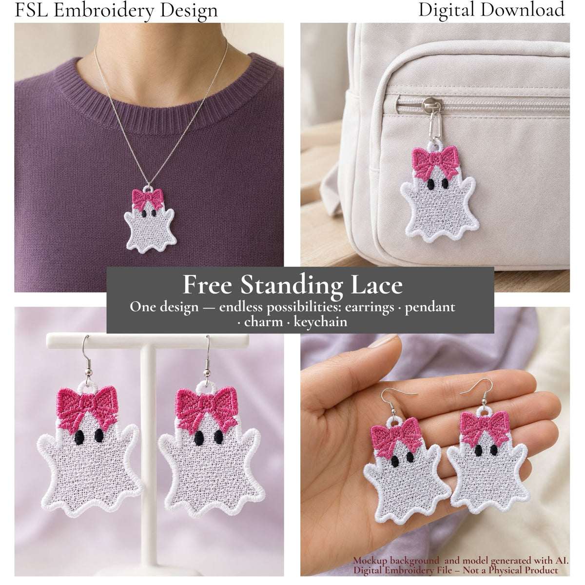 Ghost Girl with Bow FSL design shown as a necklace pendant, backpack charm and pair of earrings