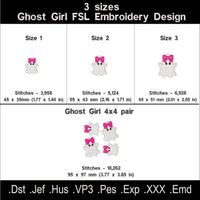 Ghost Girl with Bow FSL size chart showing three sizes, stitch counts, a 4 by 4 hoop pair and embroidery file formats